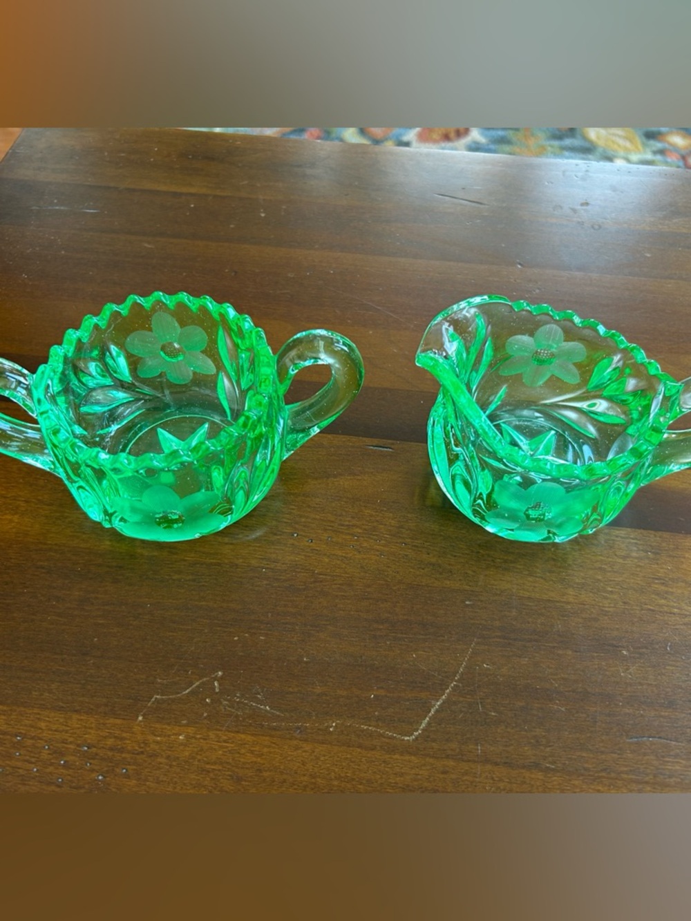 Green Floral Glass Creamer and Sugar Set